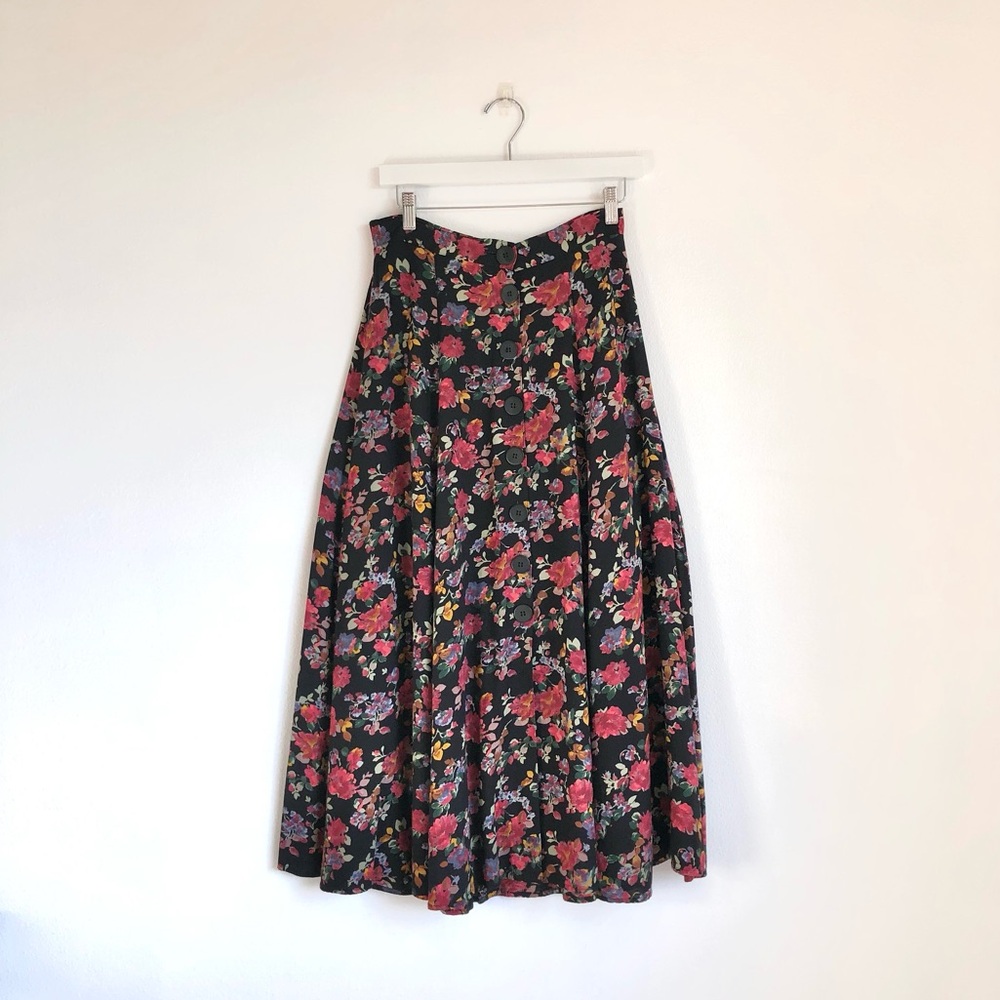 Express Vintage Black Multicolor Dark Floral Button Down Maxi Skirt Size Medium